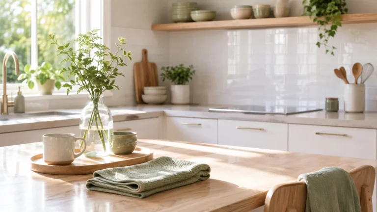 Bright well-maintained Scandinavian kitchen with clear counters, wood details and clean surfaces