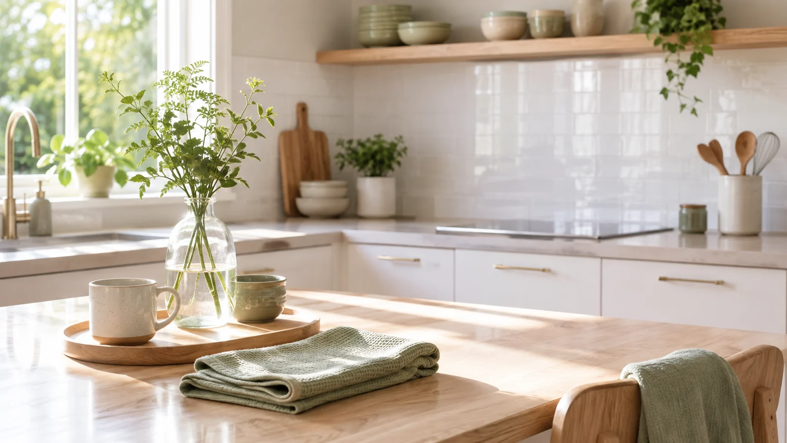 Bright well-maintained Scandinavian kitchen with clear counters, wood details and clean surfaces