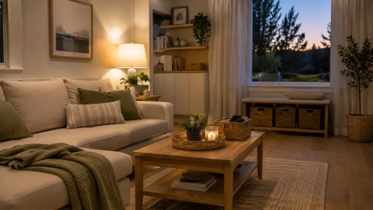 Warm evening living room with tidy sofa, coffee table, woven baskets and soft ambient lighting