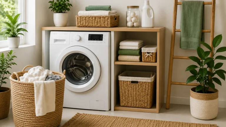 Bright organized laundry room with front-loading washer, woven hamper, folded towels, baskets and sage accents