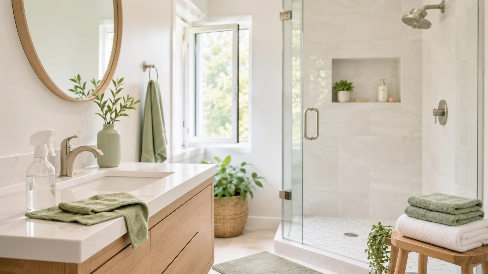 Bright well-ventilated bathroom with dry shower glass, clean surfaces, folded towels and fresh natural light