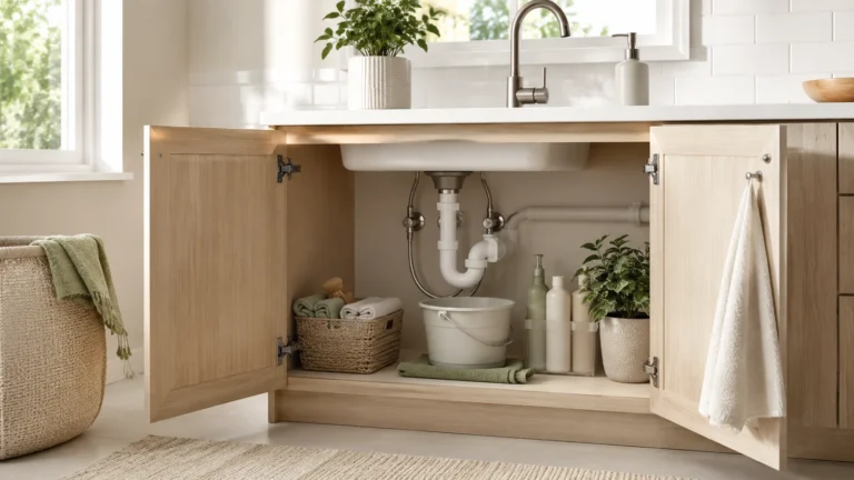 Open under-sink cabinet with visible plumbing, dry storage area, cloth and bucket ready for a simple leak check
