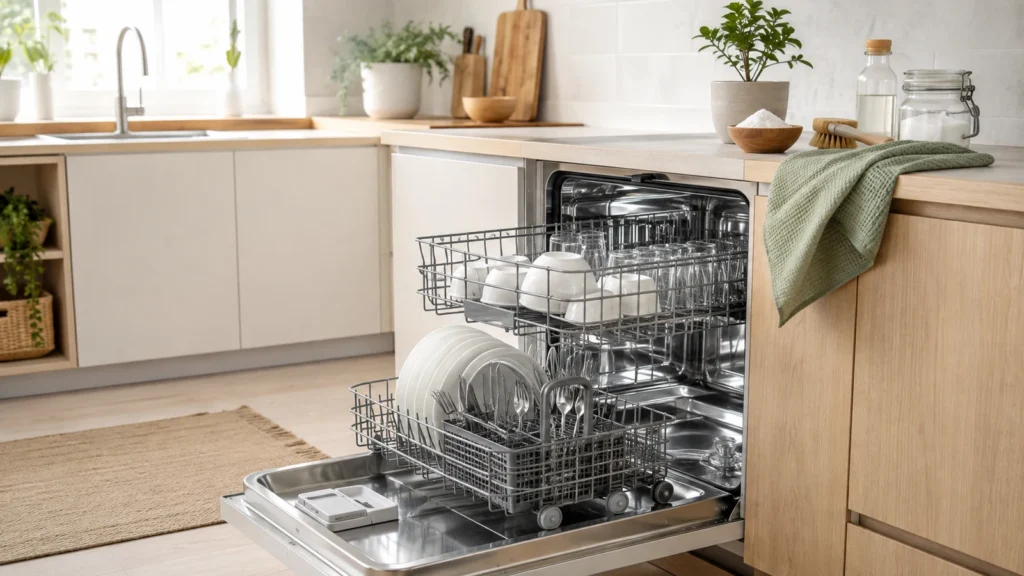 Open clean dishwasher in a bright Scandinavian kitchen with neatly loaded dishes and simple maintenance supplies