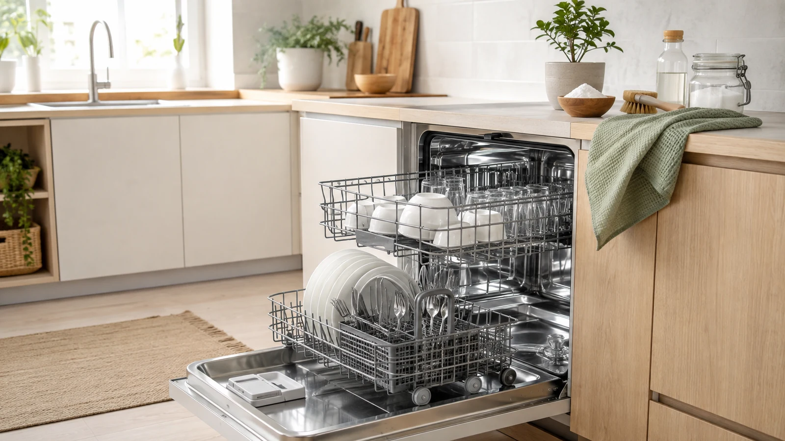 Open clean dishwasher in a bright Scandinavian kitchen with neatly loaded dishes and simple maintenance supplies