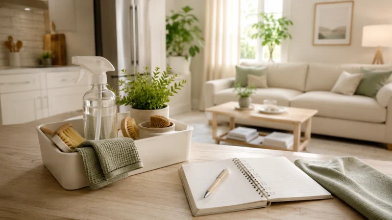 Calm bright home with a small cleaning caddy, folded cloths, notebook and an orderly room ready for a daily reset