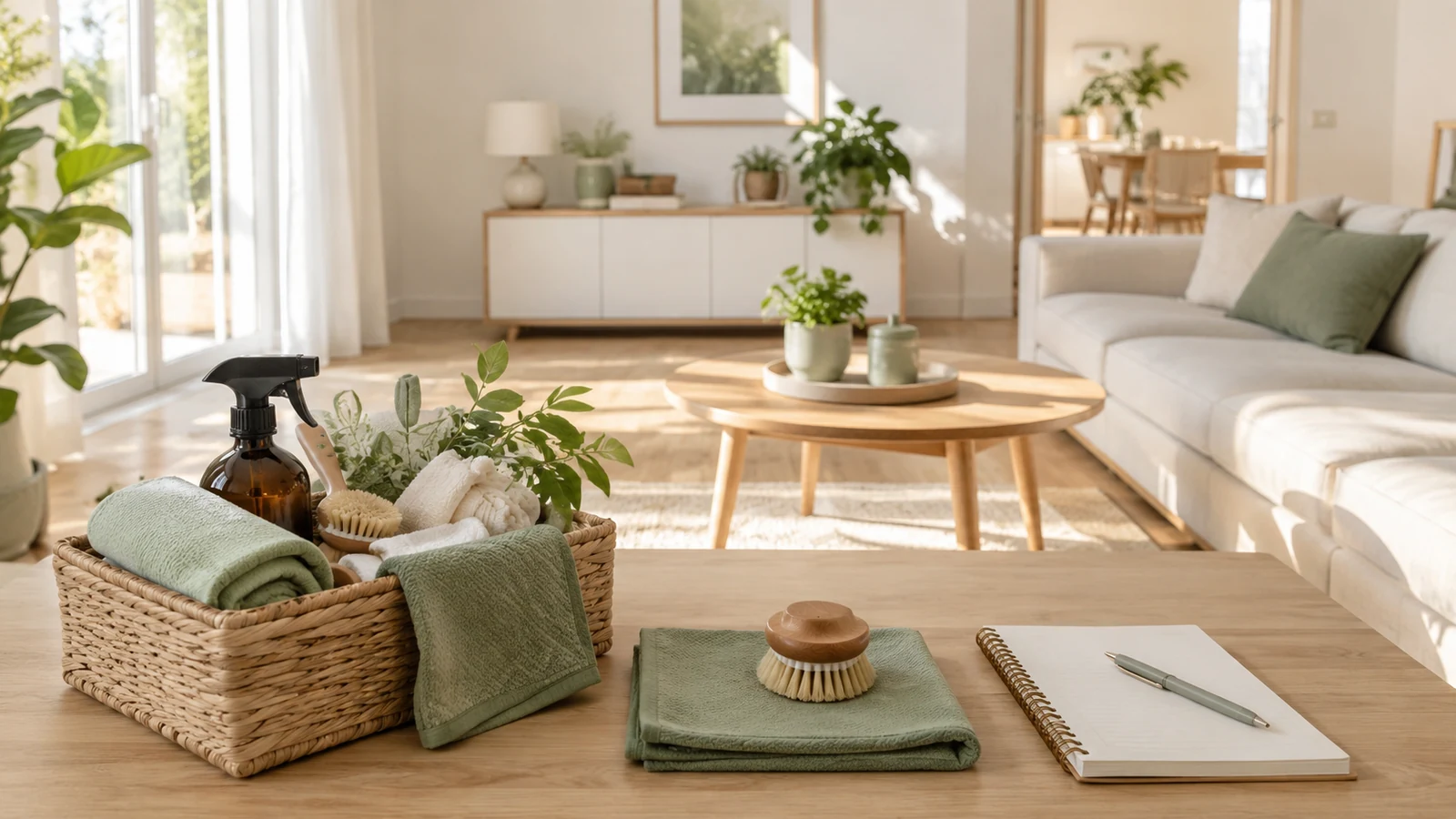 Bright tidy Scandinavian living room with cleaning basket, soft natural light and fresh weekend reset atmosphere