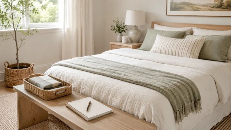Peaceful minimalist bedroom with made bed, clear surfaces, soft sage textiles and calm natural light