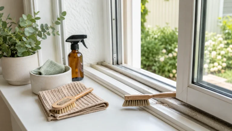 Open bright window with visible track, soft brush, microfiber cloth and simple cleaning supplies in natural light