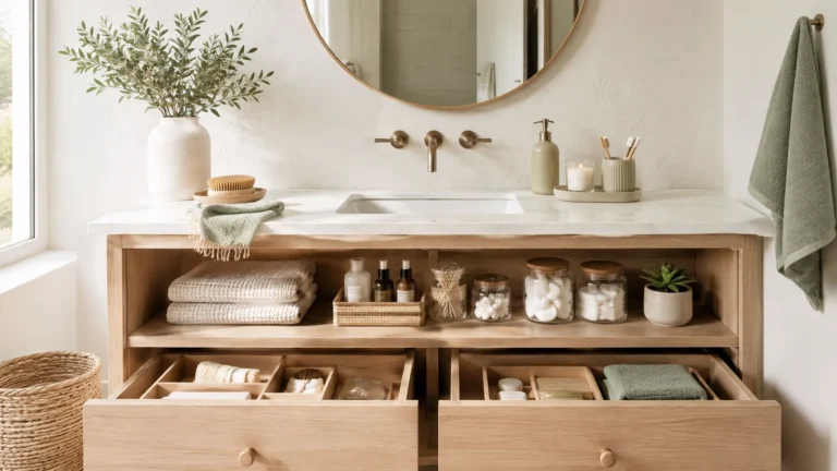 Minimal spa-style bathroom vanity with open organized drawers, small containers, folded towels and uncluttered countertop