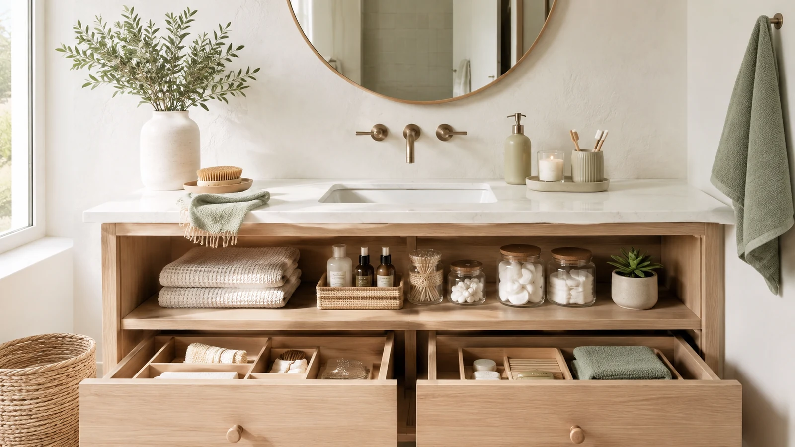 Minimal spa-style bathroom vanity with open organized drawers, small containers, folded towels and uncluttered countertop