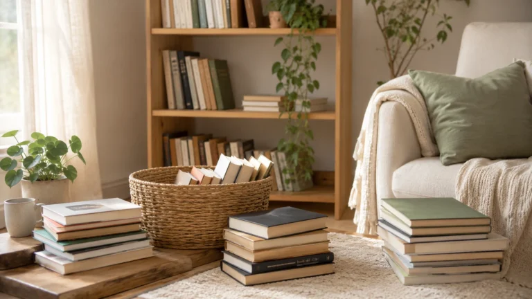 Warm reading corner with books being sorted into small stacks and a woven basket beside a comfortable chair