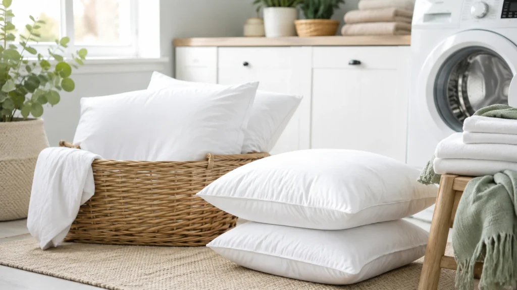 Bright laundry room with clean white pillows, woven basket, washer and neatly folded linens in soft natural tones