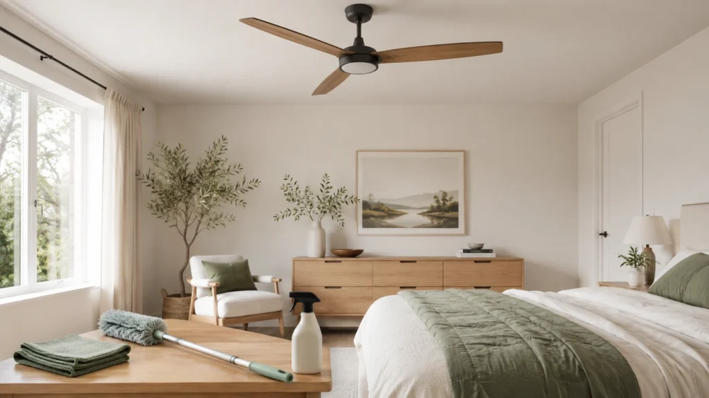 Bright calm bedroom with a clean ceiling fan, microfiber cloth, duster and simple cleaning supplies