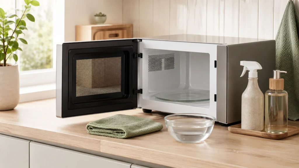 Open clean microwave on a bright wooden kitchen counter with microfiber cloth and simple cleaning supplies