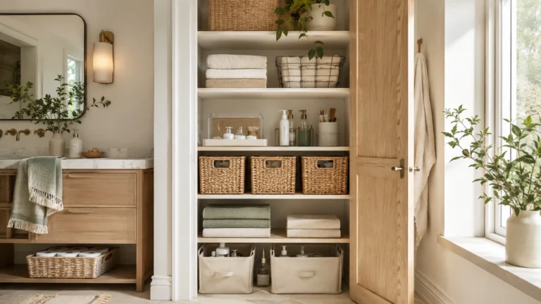 Small organized bathroom closet with folded towels, woven baskets, toiletries and calm natural wood tones