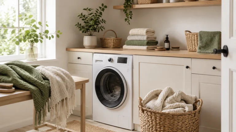 Bright Scandinavian laundry room with soft blankets and throws, woven basket, washing machine and natural neutral colors