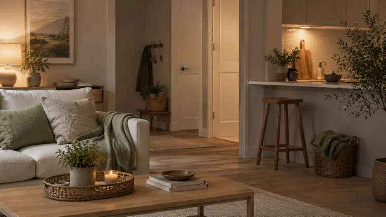Warm tidy Scandinavian living room and kitchen in the evening with soft lighting, folded throw and calm reset atmosphere