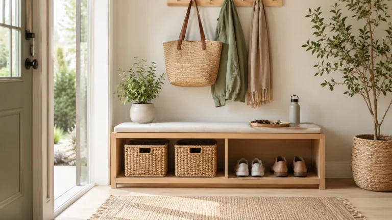 Bright Scandinavian entryway with tidy bench, baskets, shoes, coat hooks and natural wood storage